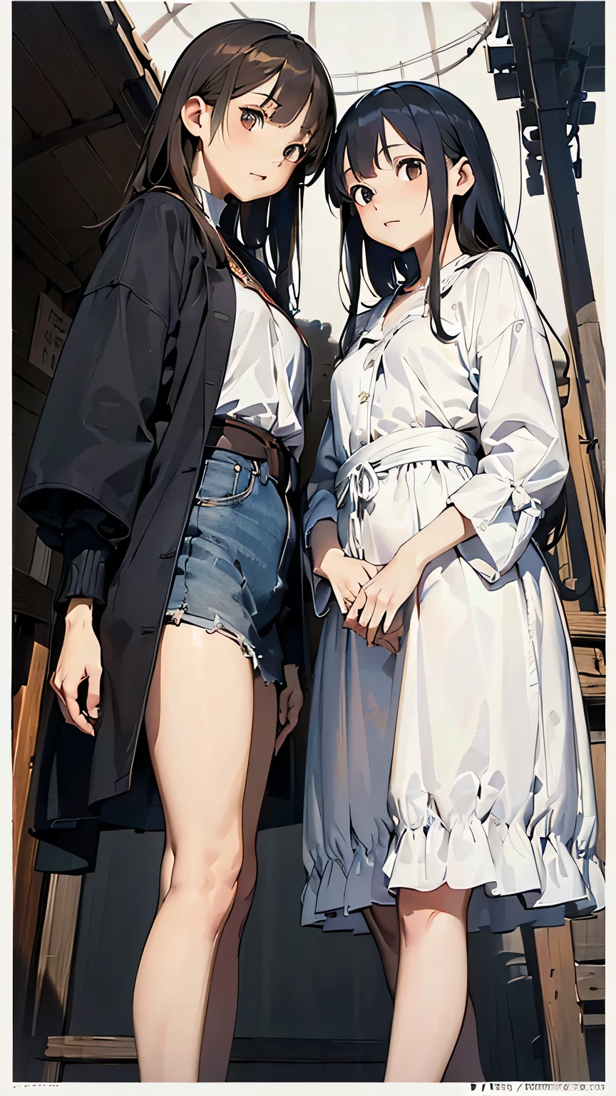 (((masterpiece))), ((( Kampala))), ((( perfect face)))、((( Japan Beauty )))、(( Top Quality I)), detailed texture , (( Kampalaの顔)), ( best quality 、Unity 8k,16k, wallpaper、masterpiece、Super detailed、超 Kampala、(Realistic)、 detailed background, ((Detailed drawing))、Photoreal 1.2, exquisite, insanely detailed), (4 fingers on 1 thumb , Perfect human hand), Very detailed facial and skin textures that enhance outerwear, ((Detailed eyes)), Detailed lips, Highly detailed hair, (2girls:1.3), (beautiful girl), ((12Year old girl, Standing side by side)), wave hair, brown hair, short, small, slim, ((cowboy shot)), (Drawing from below:1.3), (on right), (on left)