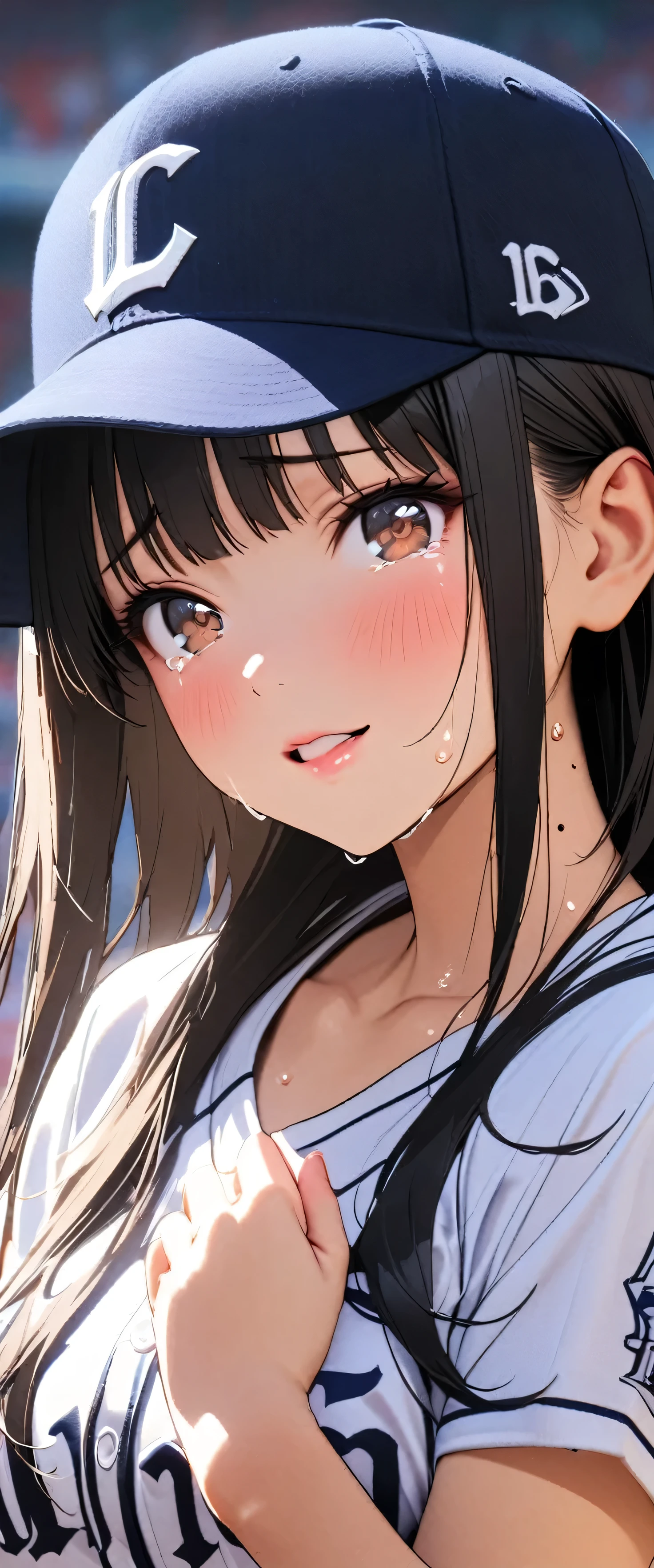 (beautiful girl: 1.3),masterpiece,Please redeem,Ultra-high resolution,Rich contrast,Very high quality,8k,Highly detailed CG unit wallpaper,Texture,So ridiculous,RAW Photos,Please redeem anime,Depth of written boundary 1.2,ultra-detailed eyes,Glowing Skin,Glitter Effect,Beautiful glossy lips,Yamada Anna,dark blue hair,brown eyes,long hair,sidelocks,mole on neck,A mother,clothes writing,Baseball Stadium,(((cry))),(sweat),Baseball cap,