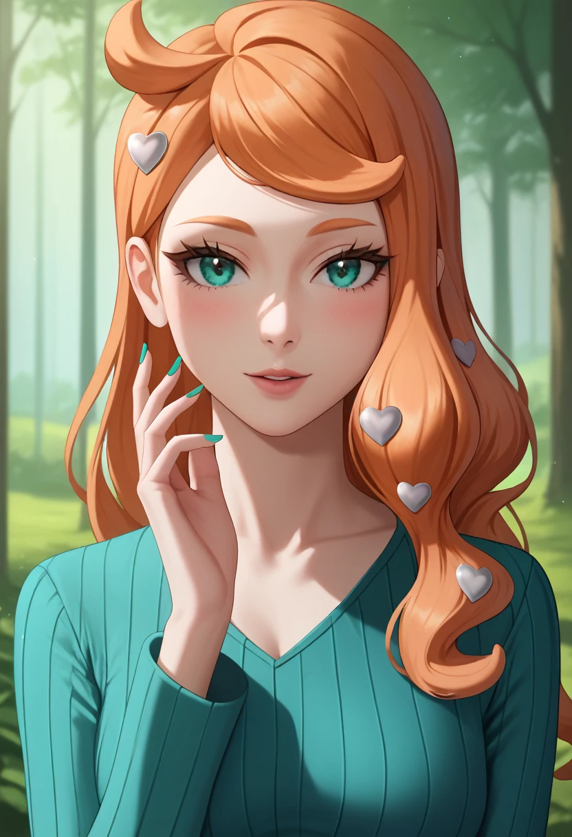 ( masterpiece ,  ultra high resolution , 8K, High quality, top quality,  very detailed , Detailed CG, cinematic shadow:0.5,  beautiful detailed eyes , ultra resolution,  depth of field ,  High Resolution ,  masterpiece : 1.2), ( anime art style ), ( upper body), (forest), 1 girl, Alone, Pokémonsonia, aqua eyes, heart, heart hair ornament, long hair, long sleeves, by orange, lateral collection, swept bangs, water shoes , water color nails, aqua shirt,  dressed in tight black jumpsuit in the park