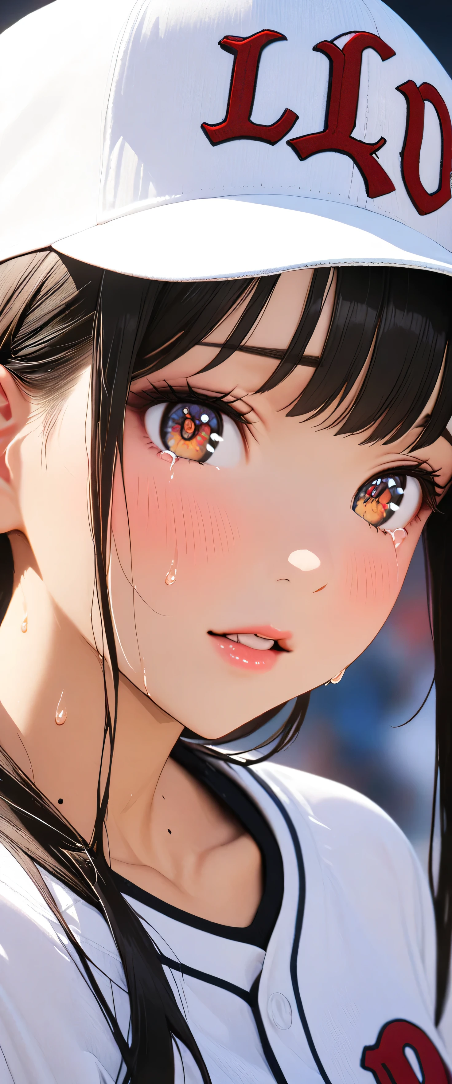 (beautiful girl: 1.3),masterpiece,Please redeem,Ultra-high resolution,Rich contrast,Very high quality,8k,Highly detailed CG unit wallpaper,Texture,So ridiculous,RAW Photos,Please redeem anime,Depth of written boundary 1.2,ultra-detailed eyes,Glowing Skin,Glitter Effect,Beautiful glossy lips,Yamada Anna,dark blue hair,brown eyes,long hair,sidelocks,mole on neck,A mother,clothes writing,Baseball Stadium,(((cry))),(sweat),Baseball cap,