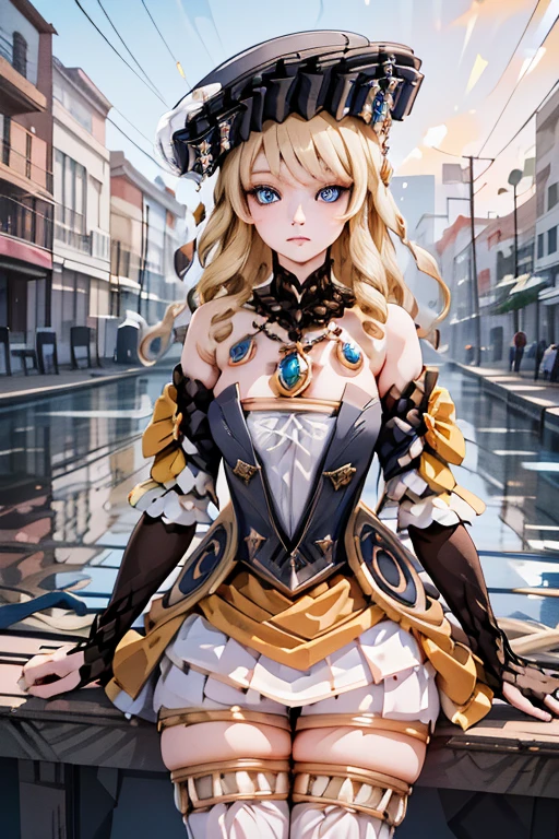 (masterpiece,  best quality ),  1 girl ,  Boat,Long Hair, blond hair,Have, witch Have, blue eyes ,dress,bangs, black headwear ,Gloves,Shoulder Bare,flower, JEWELRY,Thigh length,black Gloves,Drill Hair,  detachable sleeve ,