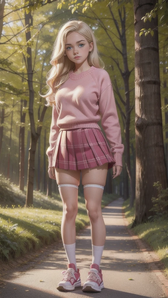  Cute young beautiful teen curvy schoolgirl ,  beautiful face of a teenager, pleated plaid skirt, pink jumper  ,  blond long hair ,   beautiful eyes. stockings,  Sneakers,   schoolgirl - standing in the wood ,     photorealistic  , sad face,  perfect figure ,  full-length figure 