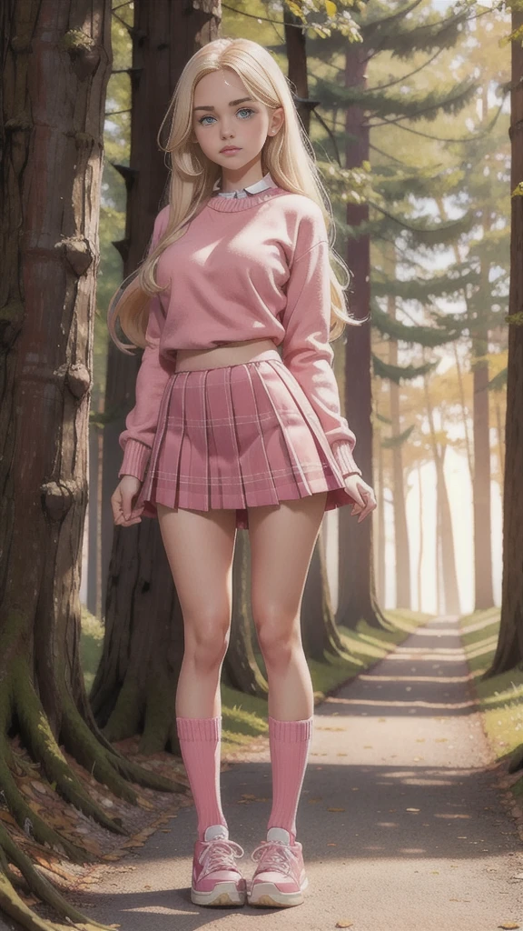  Cute young beautiful teen curvy schoolgirl ,  beautiful face of a teenager, pleated plaid skirt, pink jumper  ,  blond long hair ,   beautiful eyes. stockings,  Sneakers,   schoolgirl - standing in the wood ,     photorealistic  , sad face,  perfect figure ,  full-length figure 