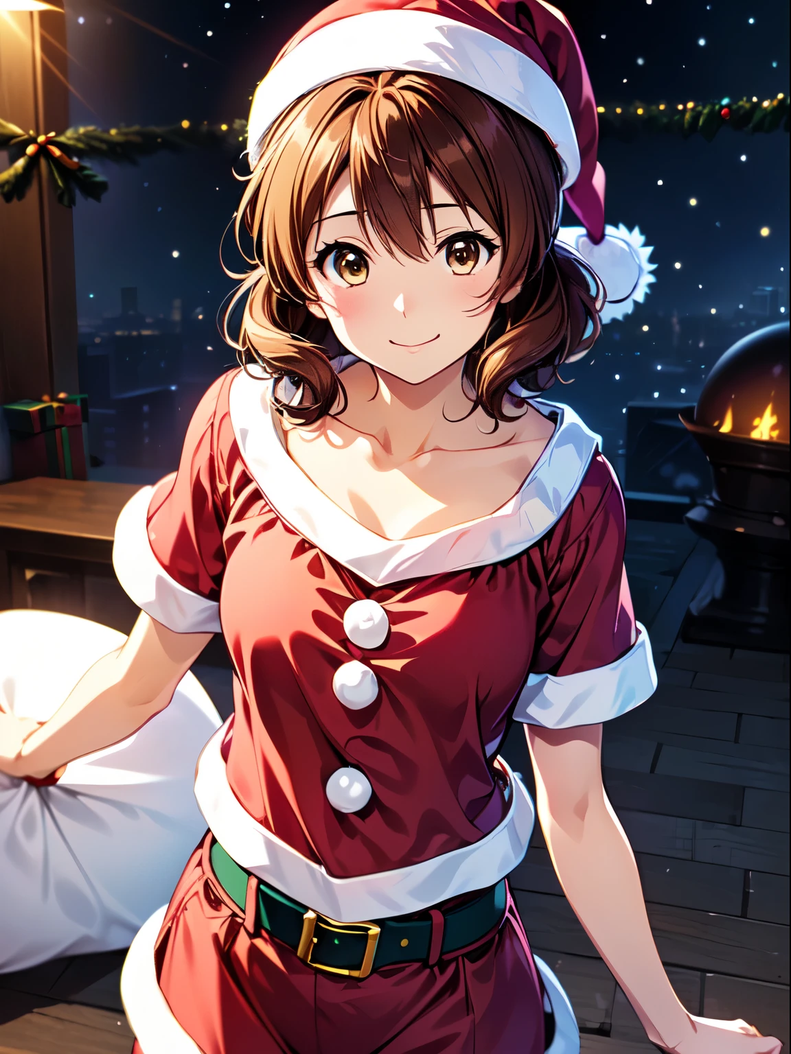 Best Quality, super high definition, Maximum resolution,( anime illustration style:1.2),One Girl、Standing、smile、Kumiko Omae , short hair、Wavy Hair、 anime girl with brown hair and brown eyes, (Santa hat、Santa costume:1.5), cowboy shot、 perfect lighting, Extremely detailed CG、 (Genuine、Realisticな、Realistic:1.2),