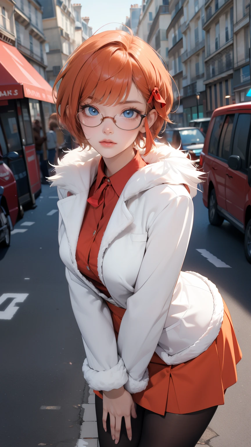 Ogataris, Liz Ogata,  blue eyes , Glasses,  Hair Ribbon , Red ribbon, Red-rimmed glasses,  short hair,  Orange Hair ,
break long sleeves, , skirt, pantyhose,
break looking at viewer, standing , Leaning forward,  cross your arms behind your back,
break indoors, classroom,
break (masterpiece:1.2),  best quality ,  Kampala,   unity 8k Wallpaper  , (Illustration:0.8), (  in fluffy fur on the streets of Paris :1.6),  extremely delicate face, perfect lighting,   very detailed CG, (Perfect hands,  perfect anatomy),