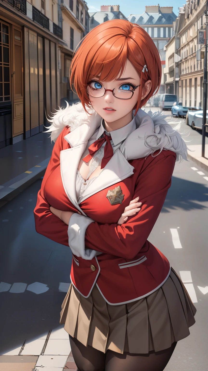 Ogataris, Liz Ogata,  blue eyes , Glasses,  Hair Ribbon , Red ribbon, Red-rimmed glasses,  short hair,  Orange Hair ,
break long sleeves, , skirt, pantyhose,
break looking at viewer, standing , Leaning forward,  cross your arms behind your back,
break indoors, classroom,
break (masterpiece:1.2),  best quality ,  Kampala,   unity 8k Wallpaper  , (Illustration:0.8), (  Beautiful Detailed Eyes Kneeling with Hands Tied :1.6),  extremely delicate face, perfect lighting,   very detailed CG, (Perfect hands,  perfect anatomy),