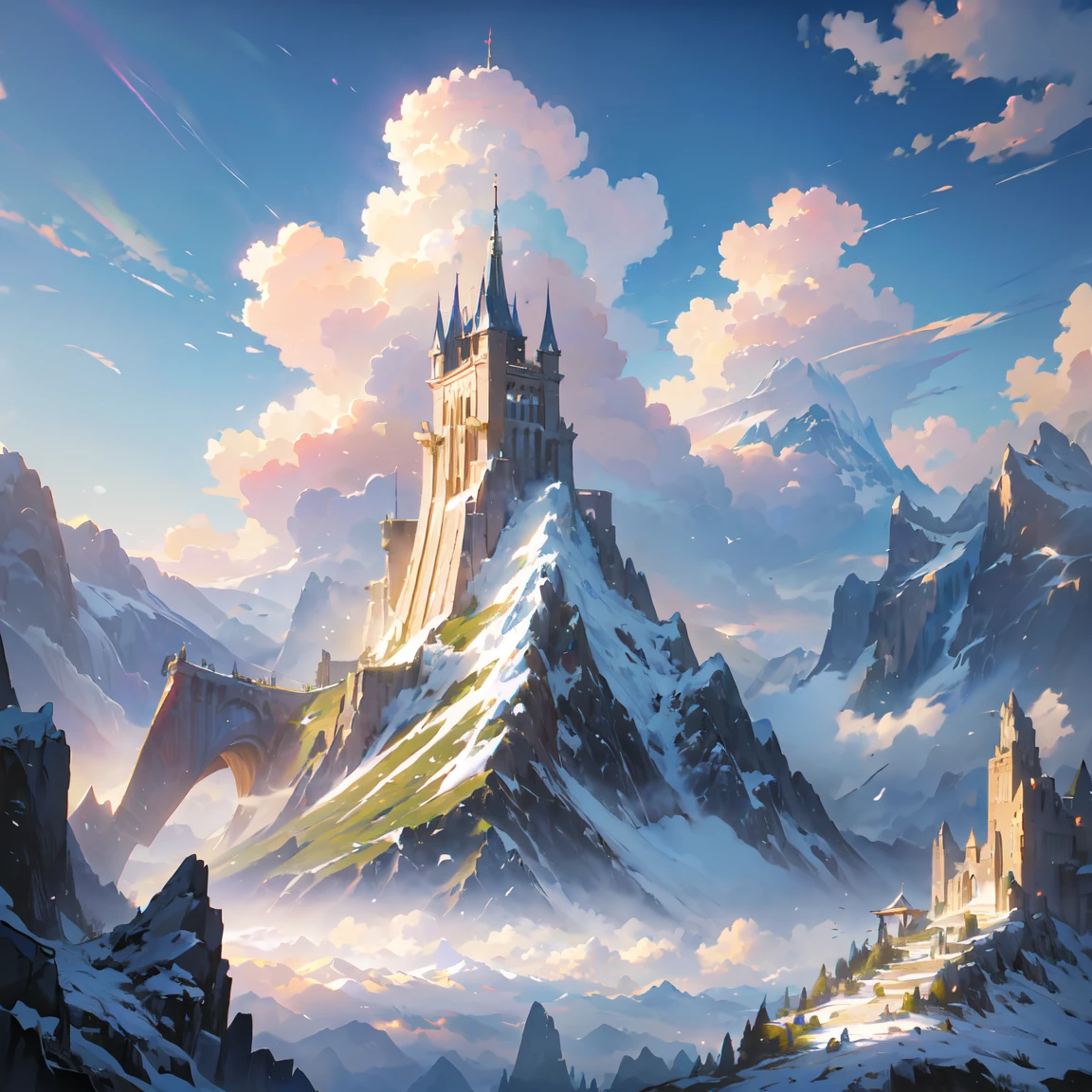 masterpiece,  best quality , ( best quality , expensive:1.2),Super detailed, Conceptual Art, concept art,mksks style,kind, Beauty and Surprise ,Part Master , high quality, Digital Painting /( artwork /),(mountains) ,  Tower Towering from the Middle of the Mountain , ( Technology Tower Stretching to the Clouds),  Final Fantasy .