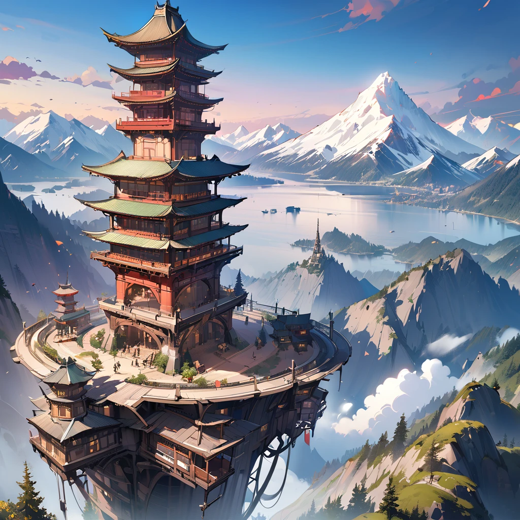 masterpiece,  best quality , ( best quality , expensive:1.2),Super detailed, Conceptual Art, concept art,mksks style,kind, Beauty and Surprise ,Part Master , high quality, Digital Painting /( artwork /),(mountains) ,  Tower Towering from the Middle of the Mountain , ( Technology Tower Stretching to the Clouds),  Final Fantasy .