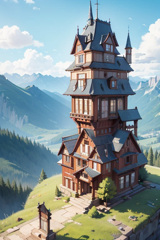 masterpiece,  best quality , ( best quality , expensive:1.2),Super detailed, Conceptual Art, concept art,mksks style,kind, Beauty and Surprise ,Part Master , high quality, Digital Painting /( artwork /),(mountains) ,  Tower Towering from the Middle of the Mountain , ( Technology Tower Stretching to the Clouds),  Final Fantasy .