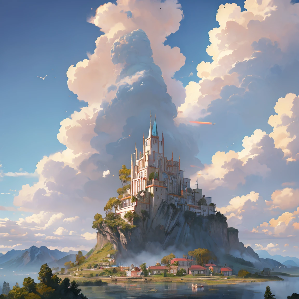 masterpiece,  best quality , ( best quality , expensive:1.2),Super detailed, Conceptual Art, concept art,mksks style,kind, Beauty and Surprise ,Part Master , high quality, Digital Painting /( artwork /),(mountains) ,  Tower Towering from the Middle of the Mountain , ( Technology Tower Stretching to the Clouds),  Final Fantasy .