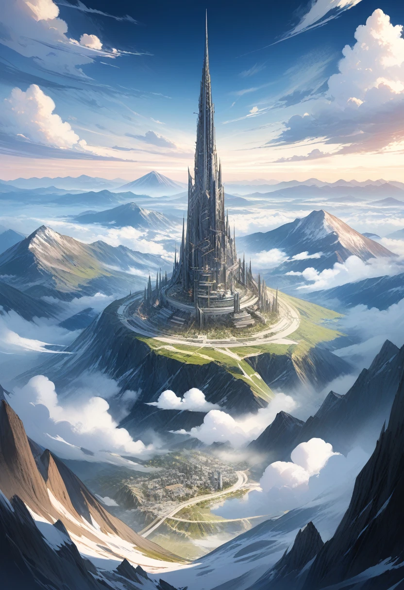 masterpiece,  best quality , ( best quality , expensive:1.2),Super detailed, Conceptual Art, concept art,mksks style,kind, Beauty and Surprise ,Part Master , high quality, Digital Painting /( artwork /),(mountains) ,  Tower Towering from the Middle of the Mountain , ( Technology Tower Stretching to the Clouds),  Final Fantasy .