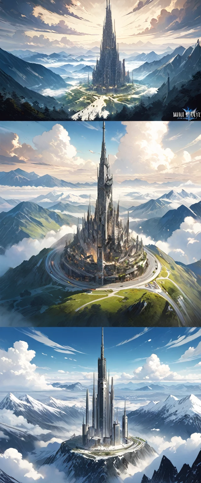 masterpiece,  best quality , ( best quality , expensive:1.2),Super detailed, Conceptual Art, concept art,mksks style,kind, Beauty and Surprise ,Part Master , high quality, Digital Painting /( artwork /),(mountains) ,  Tower Towering from the Middle of the Mountain , ( Technology Tower Stretching to the Clouds),  Final Fantasy .