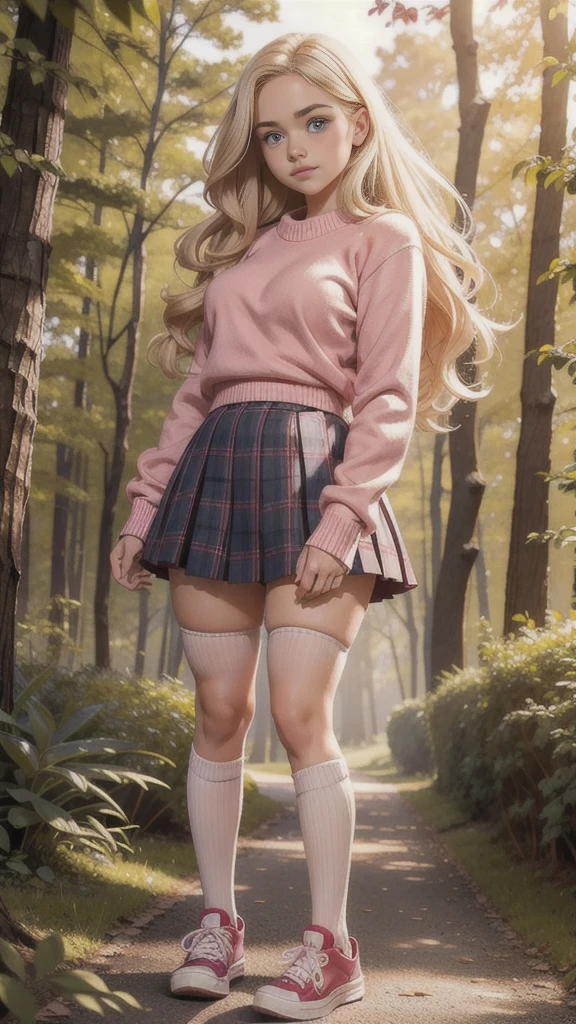  Cute young beautiful teen curvy schoolgirl ,  beautiful face of a teenager, pleated plaid skirt, pink jumper  ,  blond long hair ,   beautiful eyes. stockings,  Sneakers,   schoolgirl - standing in the wood ,     photorealistic  , sad face,  perfect figure ,  full-length figure 