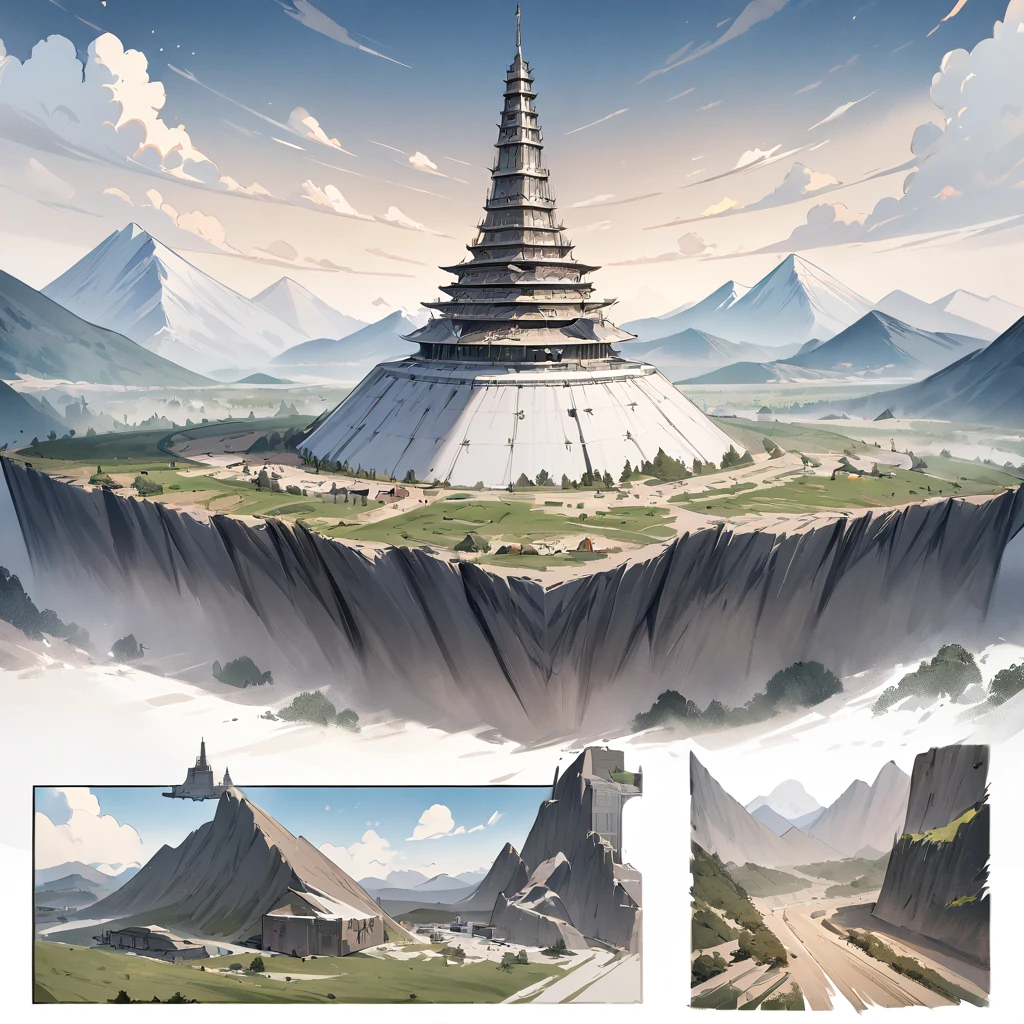 masterpiece,  best quality , ( best quality , expensive:1.2),Super detailed, Conceptual Art, concept art,mksks style,kind, Beauty and Surprise ,Part Master , high quality, Digital Painting /( artwork /),(mountains) ,  Tower Towering from the Middle of the Mountain , ( Technology Tower Stretching to the Clouds),  Final Fantasy .