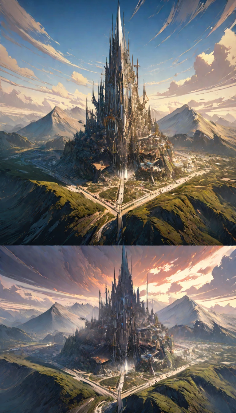 masterpiece,  best quality , ( best quality , expensive:1.2),Super detailed, Conceptual Art, concept art,mksks style,kind, Beauty and Surprise ,Part Master , high quality, Digital Painting /( artwork /),(mountains) ,  Tower Towering from the Middle of the Mountain , ( Technology Tower Stretching to the Clouds),  Final Fantasy .