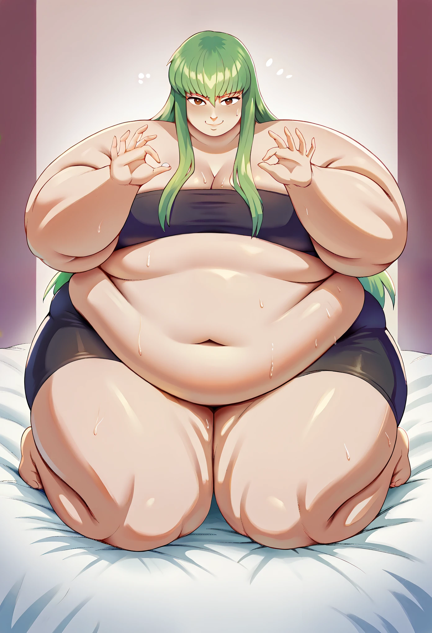 score_9, score_8_up, score_7_up, source_anime BREAK 1girl, codegeasscc, cc, brown eyes, green hair, long hair, straight hair, ganryu, tube top, black bike shorts, bedroom, smile, sweating, growing fatter, fat, chubby, obese, full body shot, gigantic arms and legs, on all fours,fellatio gesture 