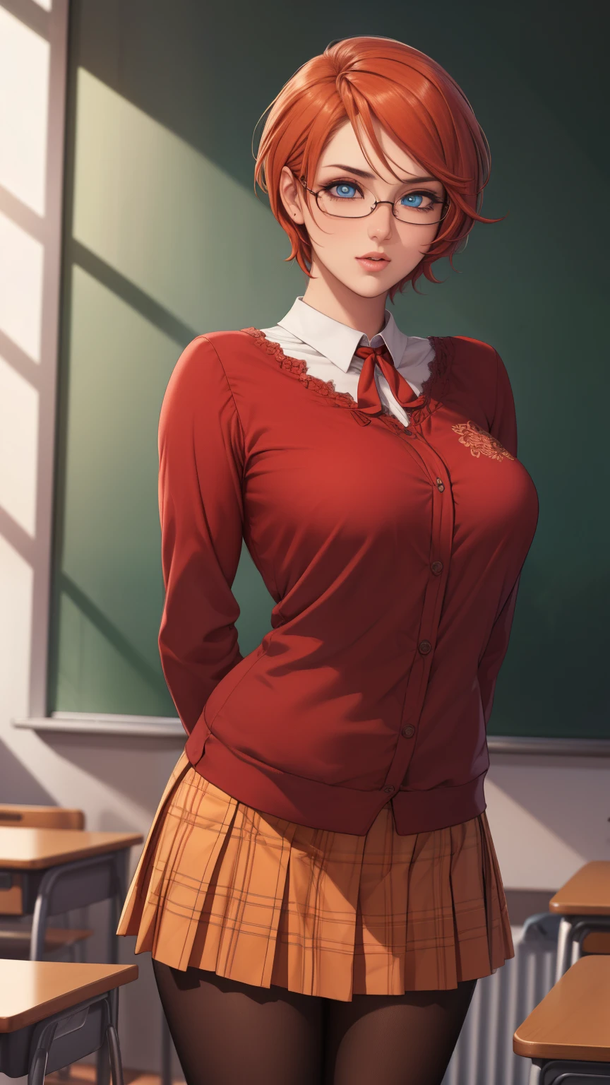 Ogataris, Liz Ogata,  blue eyes , Glasses,  Hair Ribbon , Red ribbon, Red-rimmed glasses,  short hair,  Orange Hair ,
break long sleeves, , skirt, pantyhose,
break looking at viewer, standing , Leaning forward,  cross your arms behind your back,
break indoors, classroom,
break (masterpiece:1.2),  best quality ,  Kampala,   unity 8k Wallpaper  , (Illustration:0.8), ( beautiful detailed eyes  :1.6),  extremely delicate face, perfect lighting,   very detailed CG, (Perfect hands,  perfect anatomy),