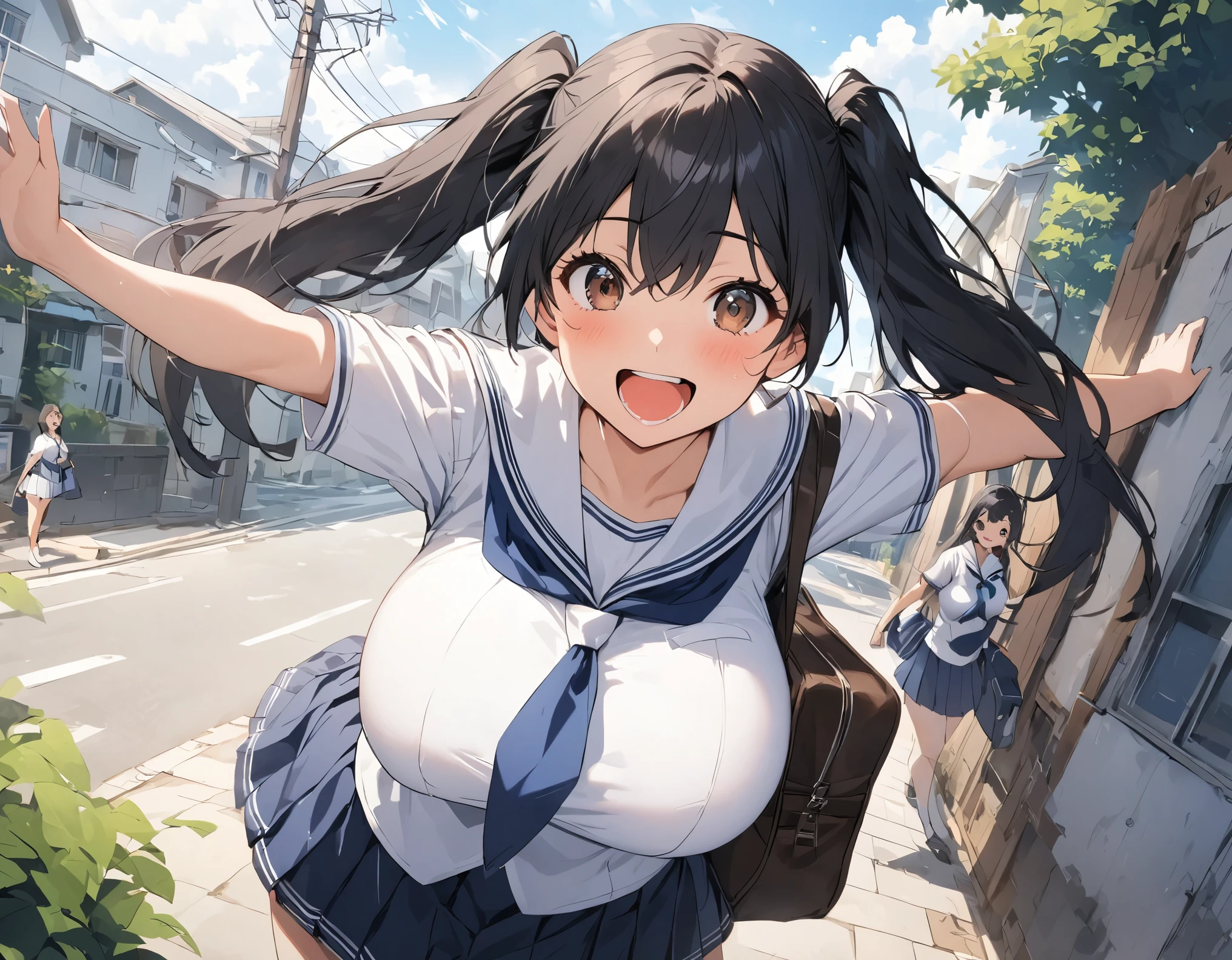 Alone:1.3 standing figures in the background is a composition seen from a distance in a residential area, black hair :1. 3 twin tails, dark blue pleated skirt with dark blue ties wearing white summer sailor suits with brown eyes, round eyes, white bows, big breasts, thick legs:1.3 high school girls are trying to get home from school while laughing happily with a Boston bag 