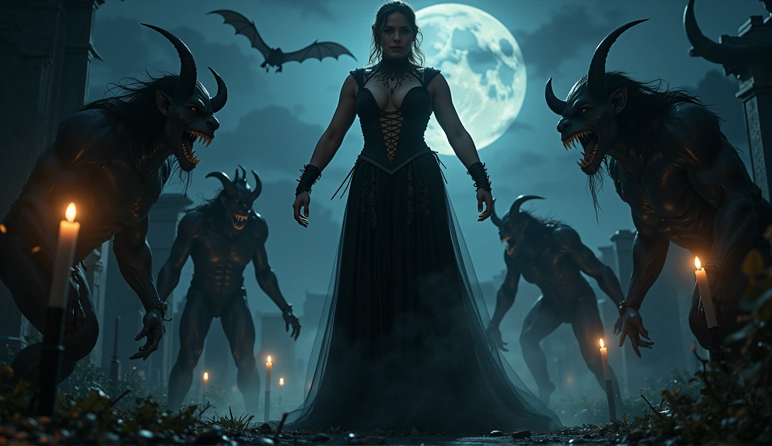 In a dimly lit, eerie cemetery at dusk, a ravishing female wizard stands tall, her intricate Wiccan makeup shimmering under the faint moonlight. Her large breasts are prominently displayed as she gazes defiantly at the snarling, hellish DEVIL SPAWN lurking before her. Sharp candlelight and shadows dance across the gravestones, casting an otherworldly glow on the scene. Ethereal mist swirls around her ankles, as if the very veil between worlds is thinning. The horizon stretches out in a panoramic vista of darkness, with the wizard's figure silhouetted against the malevolent forces gathering behind her. Captured with photorealistic precision using ray tracing and 8K resolution, this masterpiece of imagery commands attention, earning top honors at any award show.