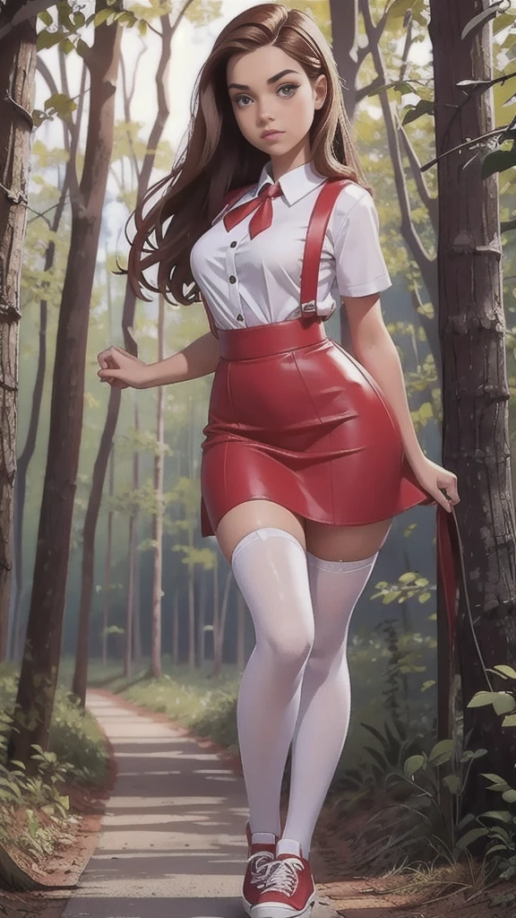 Cute young beautiful curvy schoolgirl ,  beautiful  teen face, red leather skater pinafore dress ,  transparent white blouse, short sleeves, red silk tie , brunette long hair,  beautiful eyes. stockings,  Sneakers,  schoolgirl - standing in the woods ,   photorealistic , sad face, skater pinafore, skater dress, full size figure