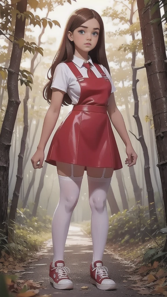 Cute young beautiful curvy schoolgirl ,  beautiful  teen face, red leather skater pinafore dress ,  transparent white blouse, short sleeves, red silk tie , brunette long hair,  beautiful eyes. stockings,  Sneakers,  schoolgirl - standing in the woods ,   photorealistic , sad face, skater pinafore, skater dress, full size figure