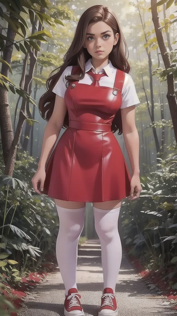 Cute young beautiful curvy schoolgirl ,  beautiful  teen face, red leather skater pinafore dress ,  transparent white blouse, short sleeves, red silk tie , brunette long hair,  beautiful eyes. stockings,  Sneakers,  schoolgirl - standing in the woods ,   photorealistic , sad face, skater pinafore, skater dress, full size figure