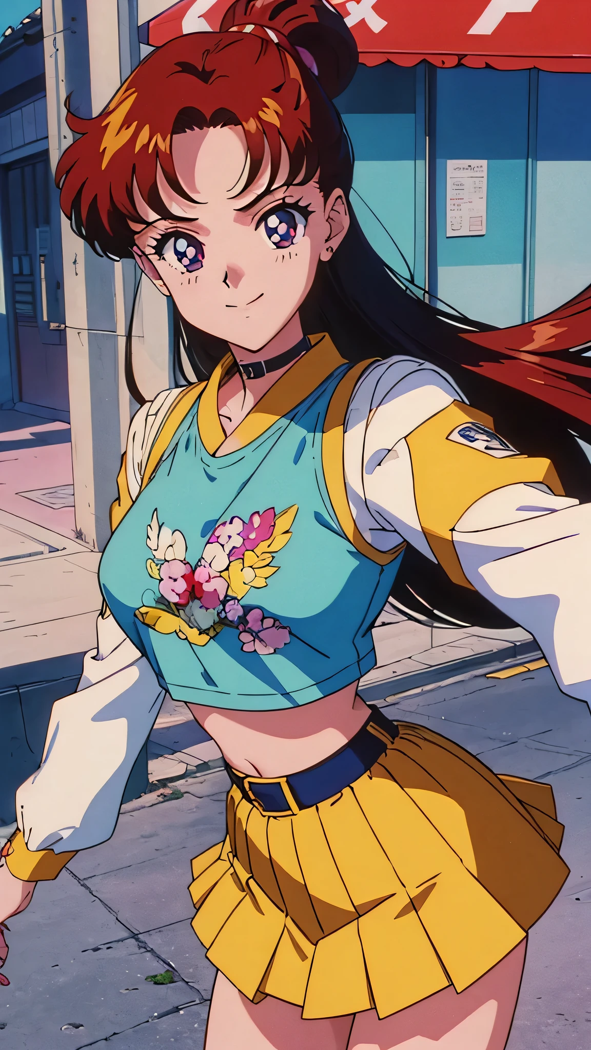(ultra-detailed), (masterpiece), (best quality), (sharp focus), (cinematic lighting), (vibrant colors), EPTakeuchiNaokoStyle, 1990s \(style\), anime screencap, retro artstyle, anime coloring, traditional media, 1girl, long hair, croptop,jacket, skirt, smiling, urban background, close-up