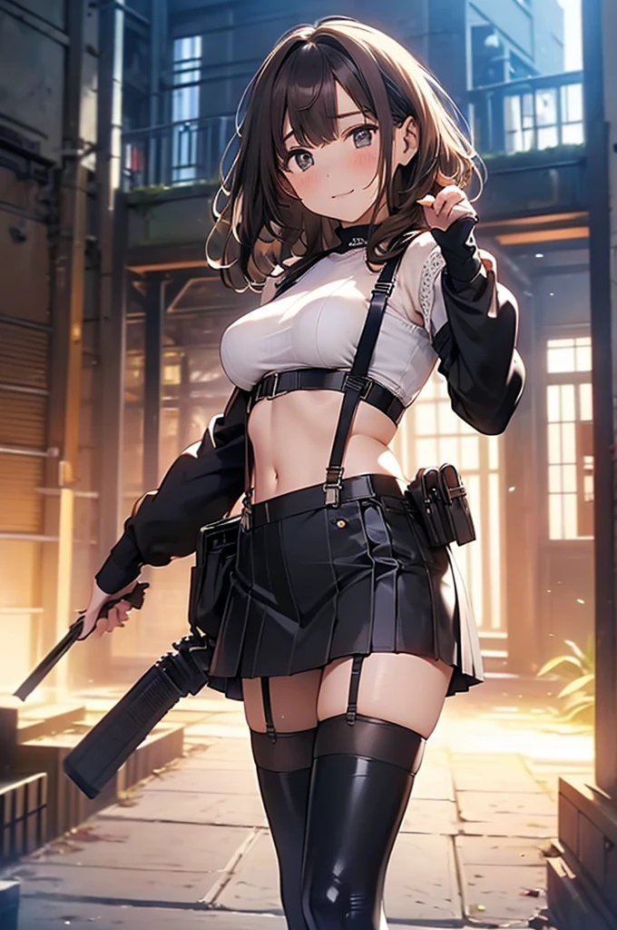 Brown hair、watching at viewers　　　black suspenders　　　Bulging big breasts　　 　 　　　walls: 　Black miniskirt　garters　　　　　　Gaze　　　Small face　bangss 　　　holster　　　Beautuful Women　　hands up　　レッグholster ベッドに横たわる　　Gaze 　black boots panty shot　provocation　flank　flank汗　soio 　arm