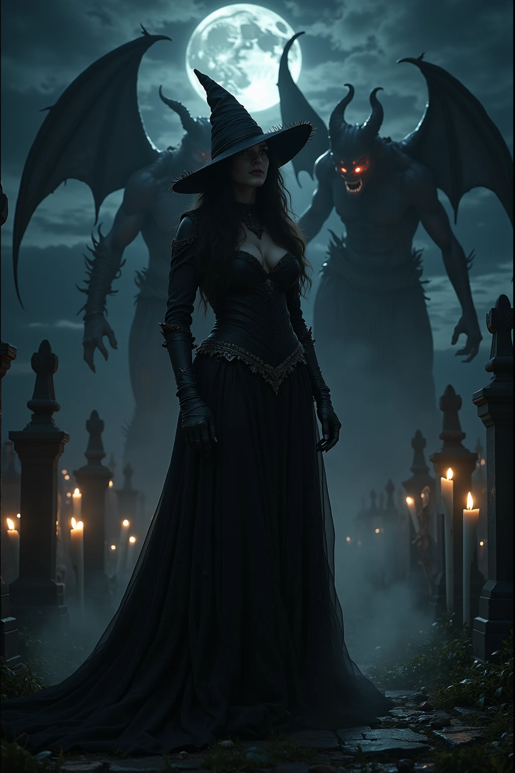 In a dimly lit, eerie cemetery at dusk, a ravishing female wizard stands tall, her intricate Wiccan makeup shimmering under the faint moonlight. Her large breasts are prominently displayed as she gazes defiantly at the snarling, hellish DEVIL SPAWN lurking before her. Sharp candlelight and shadows dance across the gravestones, casting an otherworldly glow on the scene. Ethereal mist swirls around her ankles, as if the very veil between worlds is thinning. The horizon stretches out in a panoramic vista of darkness, with the wizard's figure silhouetted against the malevolent forces gathering behind her. Captured with photorealistic precision using ray tracing and 8K resolution, this masterpiece of imagery commands attention, earning top honors at any award show.