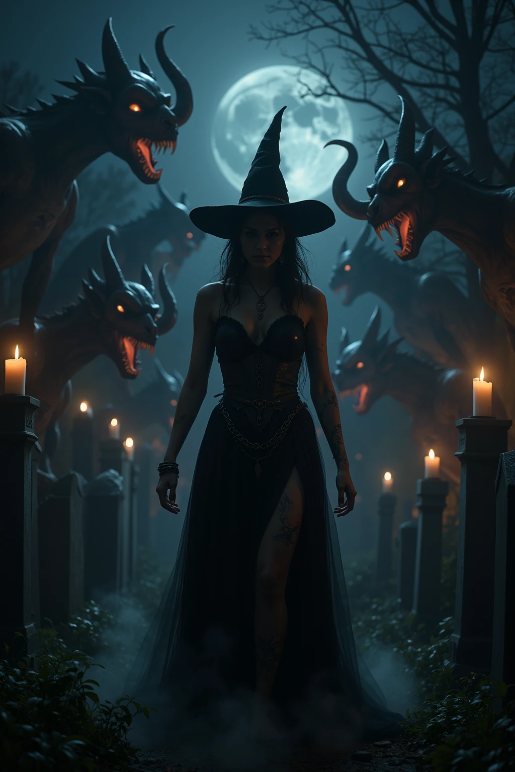 In a dimly lit, eerie cemetery at dusk, a ravishing female wizard stands tall, her intricate Wiccan makeup shimmering under the faint moonlight. Her large breasts are prominently displayed as she gazes defiantly at the snarling, hellish DEVIL SPAWN lurking before her. Sharp candlelight and shadows dance across the gravestones, casting an otherworldly glow on the scene. Ethereal mist swirls around her ankles, as if the very veil between worlds is thinning. The horizon stretches out in a panoramic vista of darkness, with the wizard's figure silhouetted against the malevolent forces gathering behind her. Captured with photorealistic precision using ray tracing and 8K resolution, this masterpiece of imagery commands attention, earning top honors at any award show.