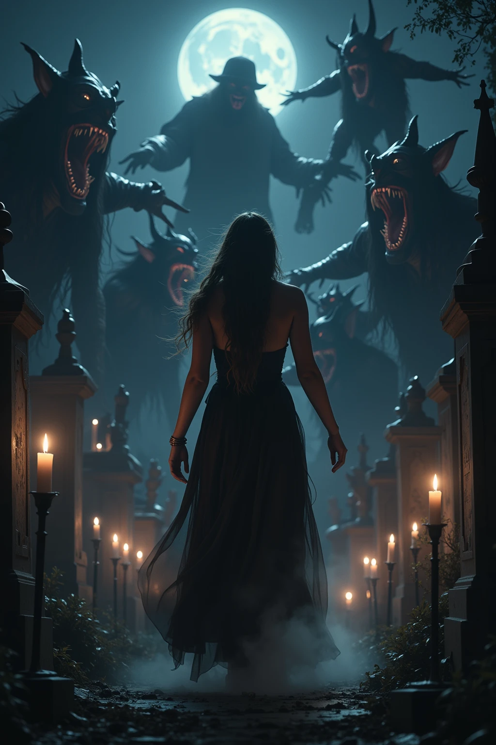 In a dimly lit, eerie cemetery at dusk, a ravishing female wizard stands tall, her intricate Wiccan makeup shimmering under the faint moonlight. Her large breasts are prominently displayed as she gazes defiantly at the snarling, hellish DEVIL SPAWN lurking before her. Sharp candlelight and shadows dance across the gravestones, casting an otherworldly glow on the scene. Ethereal mist swirls around her ankles, as if the very veil between worlds is thinning. The horizon stretches out in a panoramic vista of darkness, with the wizard's figure silhouetted against the malevolent forces gathering behind her. Captured with photorealistic precision using ray tracing and 8K resolution, this masterpiece of imagery commands attention, earning top honors at any award show.