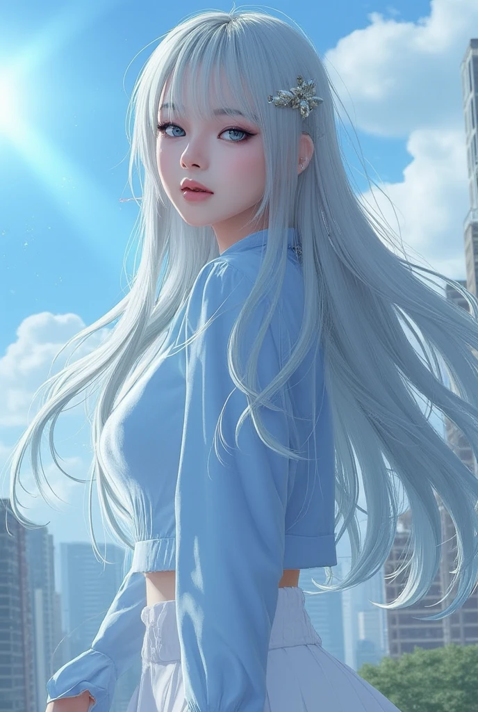 official art, masterpiece, sharp focus, (beautiful gorgeous cute Korean woman:1.3), (beautiful cute korean:1.3), korean beauty, Delicate and beautiful hair and eyes and face, realistic, ultra detailed, beautiful girl, blue sky, glow white particle, (sidelighting:1.2), sun light, white cloud, detailed clouds, slender, Lovely very large breasts and very large hips, smile with teeth, ((smile with eyes, open both eyes)), scenery, long straight hair, sexy facial expression, building, (cityscape:1.7), dynamic hair, long straight hair, detailed platinum pink hair, glow blue eyes, (blue pleated shirts + white skirt), white long socks, pale skin, hair ornament, epic scenery,