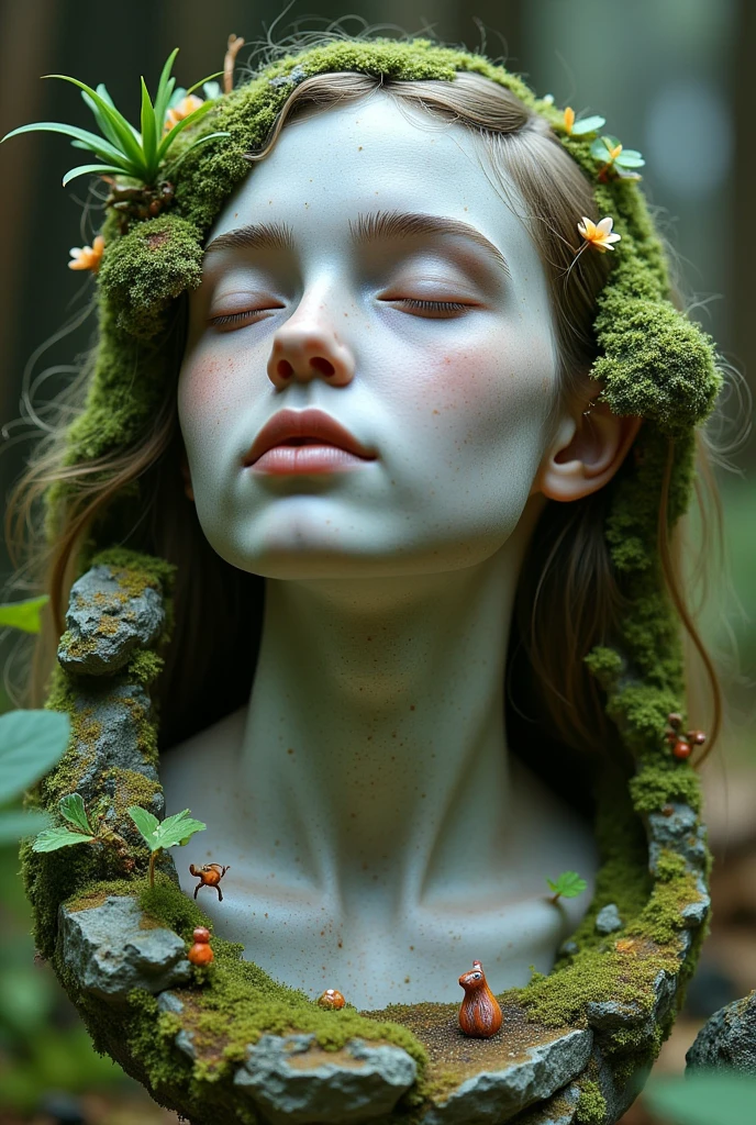 a detailed portrait sculpture of a person with eyes closed and head tilted back, in a forest setting with moss and small animals, highly detailed, (best quality,4k,8k,highres,masterpiece:1.2),ultra-detailed,(realistic,photorealistic,photo-realistic:1.37),intricate stone sculpture, serene expression, forest background, moss covered rocks, tiny forest creatures