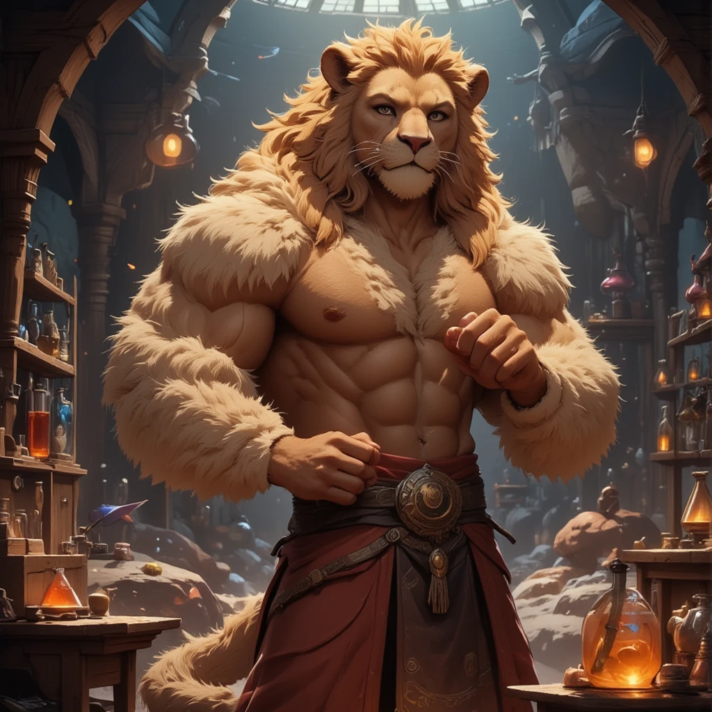 character focus, full body, looking away, dynamic angle, alchemist, a muscular middle-aged clothing lion man, little smile, clothed, alchemy robe, pants, standing, (shaking a test tube), elegant pose, detailed painting landscape, alchemy shop, indoor, full color, HDR, BREAK full body in Michelangelo Buonarroti style, housamo style, digital illustration anime, niji5, BREAK complete anatomy, perfect proportions, beautiful thigh gap, fluffy body, intricate fur details, beautiful fur texture, BREAK (a detailed lion 1tail), detailed boots, beautiful foot, BREAK detailed hands, 5fingers, 5fingers nails, BREAK aesthetic anime face, insanity detailed face, male face, big face, square jawline, aesthetic anime eyes, detailed brown eyes, detailed brown cornea, detailed dark brown irises, detailed pupils, male eyes, big eyes, male eyebrows, innocent look, beautiful beard, BREAK masterpiece, official art, best quality, very aesthetic, absurdres, super fine illustration, great quality, BREAK noise reduction, very highres, large filesize, high quality, 32K, 8k wallpaper, dynamic lighting, BREAK insanity detailed, ultra detailed, intricate details, extremely detailed, detailed texture, an extremely delicate and beautiful, BREAK e621 illustration, osukemo, kemohomo, anthropomorphic, furry, cartoon, harmonious eyes, pastoral face, virtuous body, epic atmosphere