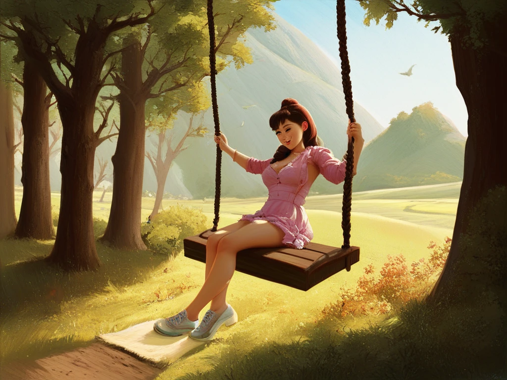 score_9, score_8_up, score_7_up, score_6_up, score_5_up, score_4_up, digital painting of an Asian girl sitting on a swing, Farm meadow, Digital painterly art, (masterpiece:1.3), best quality, 