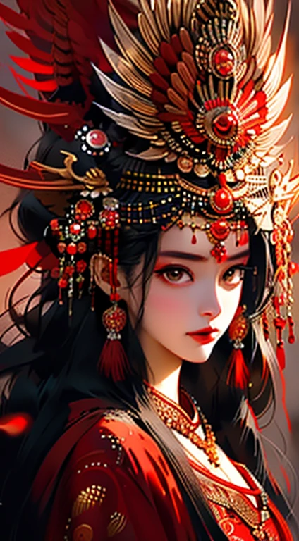 1girl,extreme realistic, solo, korean beauty super model, jewelry, red eyes, earrings, long brown hair, hair jade ornament, looking at viewer, feathers, black hair, red lips, makeup, upper body, tassel, chinese clothes, grey background, parted lips, headdress, lunar ornament, lipstick, eyelashes, lips,the whole body, 8k create this