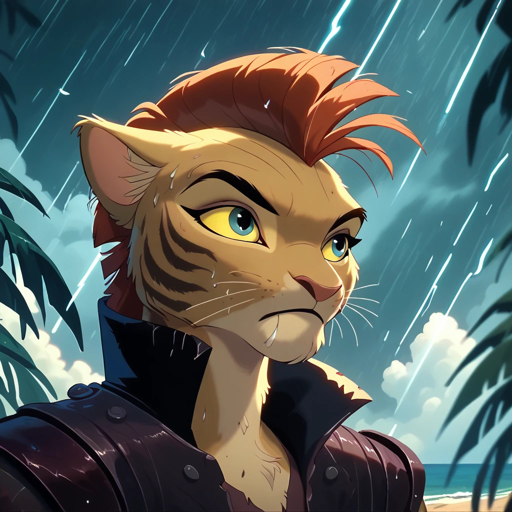 in Disney art style, fallen from the depths onto a beach in a storm, A Khajiit with brown fur and a red mohawk awaits you Disney2DStyle