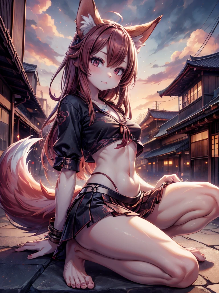  Beautiful Japanese girl,   Pink and brown hair adds high definition_Detail:1, kitsune ears,  tatuaje tribal add _Detail:1, en el infierno add _Detail, barefoot,  city, Evening, landscape, add _Detail:1 ,   skirt with saturated black belly button    , ( black blouse,   light blue   ))