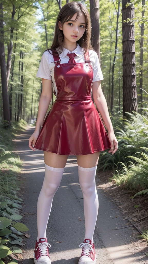 Cute young beautiful curvy schoolgirl ,  beautiful  teen face, red leather skater pinafore dress ,  transparent white blouse, short sleeves, red silk tie , brunette long hair,  beautiful eyes. stockings,  Sneakers,  schoolgirl - standing in the woods ,   photorealistic , sad face, skater pinafore, skater dress, full size figure