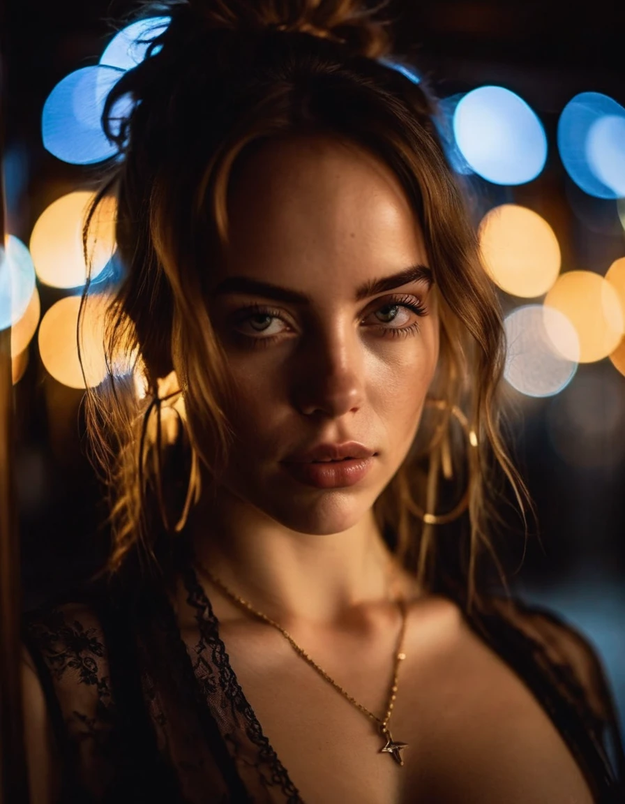 cinematic photo professional close-up portrait photography of the face of a beautiful (((ohwx woman))) at Vestibule during Night, Nikon Z9   . 35mm photograph, film, bokeh, professional, 4k, highly detailed, nude, in lingerie, bra, no shirt