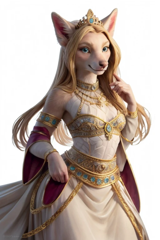 photo RAW, Realistic, fille à fourrure de loup,blond,long hair,regardant le spectateur, Crossed Fringe,blue eyes, highly detailed eyes by Glacierclear,  by Ulitochka , par levelviolet, by zephyxus , ( high resolution )1.2,( princess jewelry )1.2,  princess dress ,zootopie, pattes de fourrure (white background)1.1,masterpiece, high resolution ,8k,(sharp)1.15