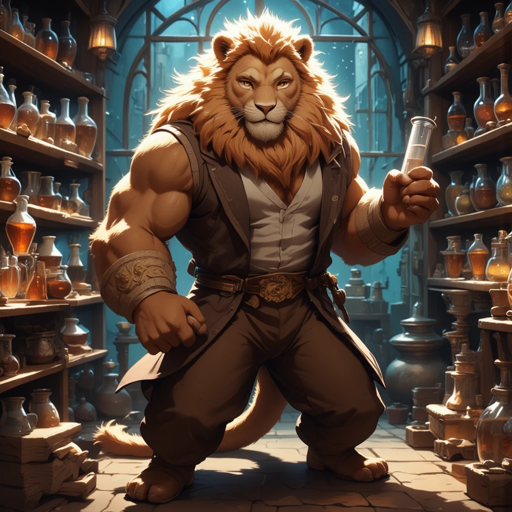 character focus, full body, looking away, dynamic angle, alchemist, a muscular middle-aged clothing lion man, little smile, clothed, alchemy robe, shirt, pants, standing, (shaking a test tube), elegant pose, detailed painting landscape, alchemy shop, indoor, full color, HDR, BREAK full body in Michelangelo Buonarroti style, housamo style, digital illustration anime, niji5, BREAK complete anatomy, perfect proportions, beautiful thigh gap, fluffy body, intricate fur details, beautiful fur texture, BREAK (a detailed lion 1tail), detailed boots, beautiful foot, BREAK detailed hands, 5fingers, 5fingers nails, BREAK aesthetic anime face, insanity detailed face, male face, big face, square jawline, aesthetic anime eyes, detailed brown eyes, detailed brown cornea, detailed dark brown irises, detailed pupils, male eyes, big eyes, male eyebrows, innocent look, beautiful beard, BREAK masterpiece, official art, best quality, very aesthetic, absurdres, super fine illustration, great quality, BREAK noise reduction, very highres, large filesize, high quality, 32K, 8k wallpaper, dynamic lighting, BREAK insanity detailed, ultra detailed, intricate details, extremely detailed, detailed texture, an extremely delicate and beautiful, BREAK e621 illustration, osukemo, kemohomo, anthropomorphic, furry, cartoon, harmonious eyes, pastoral face, virtuous body, epic atmosphere