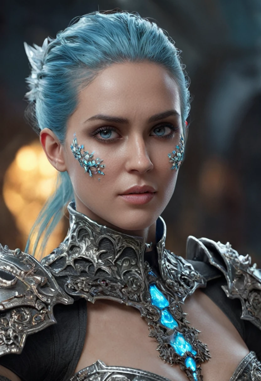 deathknight,epic,woman,Standing with one arm reaching out((hyperdetailed photography))),realistic,ultra detailed,ray tracing,octane render,intricate,cinematic,glowing body features,ornate skull armor,colored inner hair,masterpiece,fractal,fair,perfection,hyper realistic reflections,50nm dof,bokeh,realistic,sharp focus,ultra detailed,8k,uhd,snowing environment,high resolution,trending on artstation and deviantart,featured,glacial blue theme