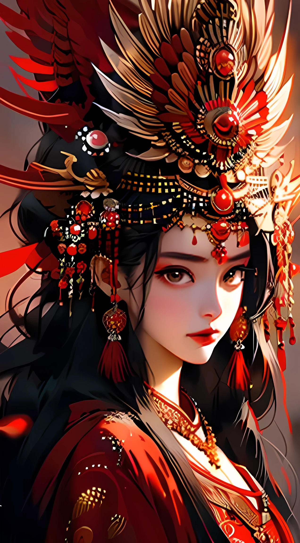 1girl,extreme realistic, solo, korean beauty super model, jewelry, red eyes, earrings, long brown hair, hair jade ornament, looking at viewer, feathers, black hair, red lips, makeup, upper body, tassel, chinese clothes, grey background, parted lips, headdress, lunar ornament, lipstick, eyelashes, lips,the whole body, 8k create this