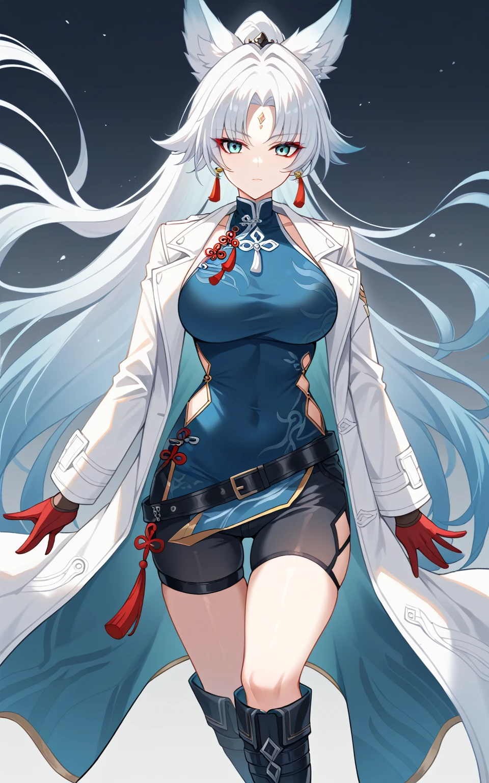 score_9, score_8_up, score_7_up, photo, (red eyeliner:1.1), makeup, SH_HSR_Feixiao, Feixiao, 1girl, white hair, very long hair, gradient hair, blue hair tips, ponytail, solo, gloves, belt, blue eyes, boots, coat, animal ears, jewelry, closed mouth, open coat, looking at viewer, open clothes, big breasts, dress, earrings, black shorts, long sleeves, bangs, standing, knee boots, white coat, thigh strap, parted bangs, black footwear, forehead mark, facial mark, tassel, blue dress, tassel earrings, blue shirt, red cross, (tight red gloves:1.1), (chinese clothes:1.1), (nsfw:1.3)