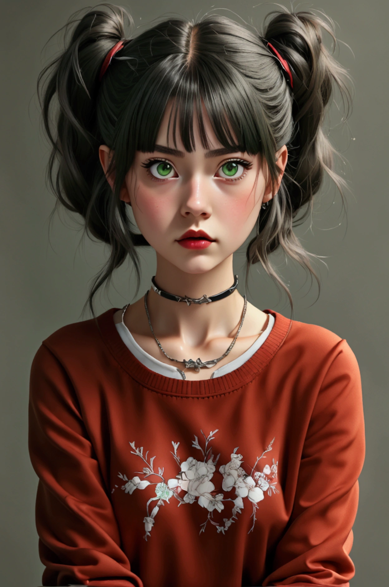 A highly detailed digital illustration featuring an anime-style character with a youthful appearance. The subject is a young woman with fair skin and large, expressive green eyes that dominate her face. Her hair is styled in two high buns with wispy bangs framing her forehead. She is wearing a red, long-sleeved sweater with a white graphic design on the chest, and a short black skirt. Her hands are positioned in front of her face, holding a black pencil with a silver eraser.
