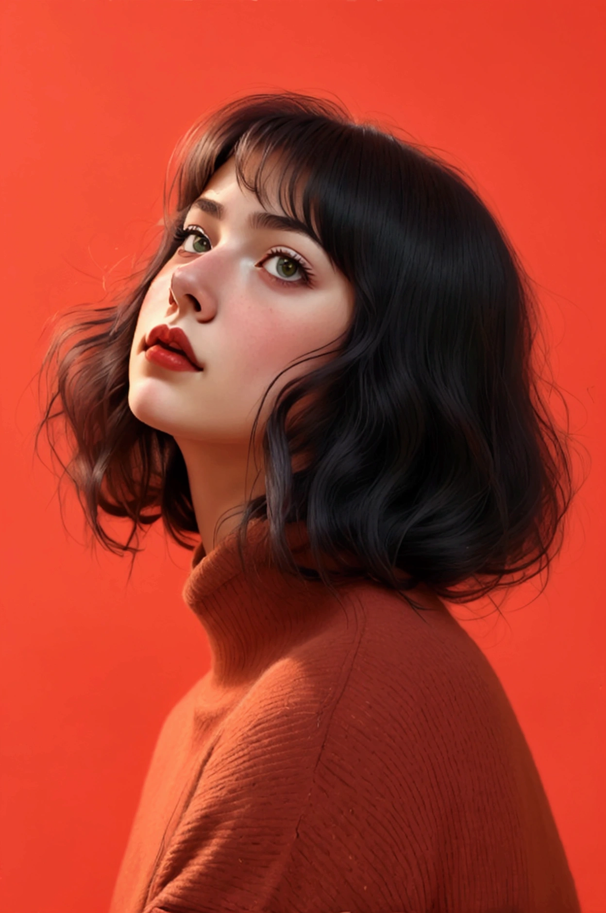 
The background is a solid, vibrant red, which contrasts starkly with her attire and hair, drawing attention to her features. The lighting in the image is soft and even, casting a subtle glow on her skin and hair, giving a slightly ethereal quality. The texture of her sweater is smooth and slightly reflective, suggesting a high-quality fabric. The overall style of the illustration is hyper-realistic, with meticulous attention to detail in the facial features, hair, and clothing. The character's expression is slightly mischievous, with a hint of a smirk, adding a playful element to the image. The composition is slightly tilted upward, giving a sense of intimacy and closeness to the viewer. Realistic anime style.