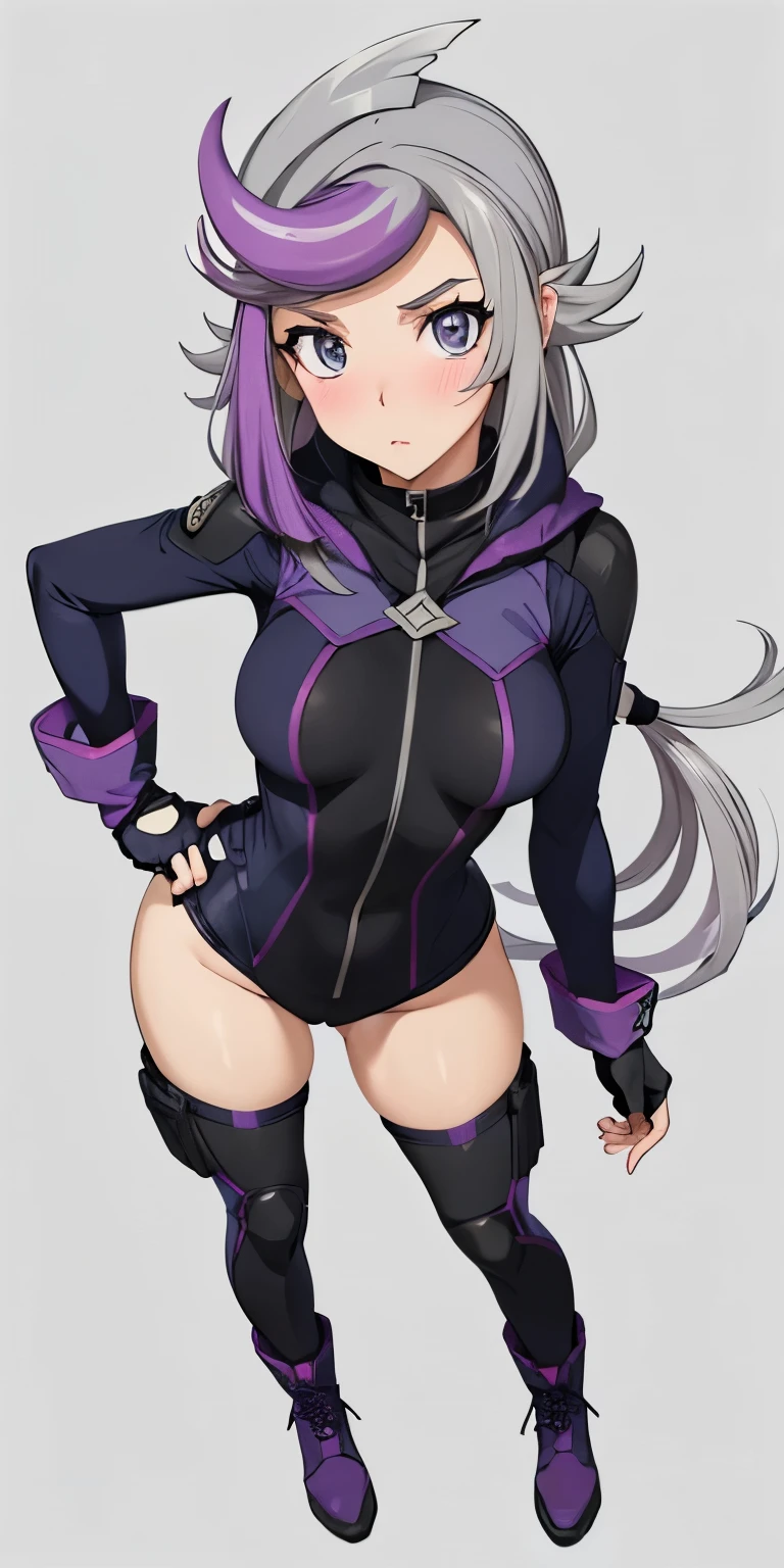 1 Female,High definition,high resolution,Ultra-realistic,8K, 1girl,  (emma_bessho:1.2),  (grey hair:1.2),(  purple hair:1.2),  grey eyes,  low-tied long hair,  (large breasts:1.2),  (wide hips:1.2),  (purple bodysuit:1.2),  (long sleeves:1.2),  pants,  (black gloves,  fingerless gloves:1.2),large breasts, black boots,large breasts,European,sexy,Upper body close-up,Photographed from the front,Dynamic Angles,private teacher,A little sheer underwear,blue underwear,blush,( small tits ),(top view),(full body), perfect face,cute face