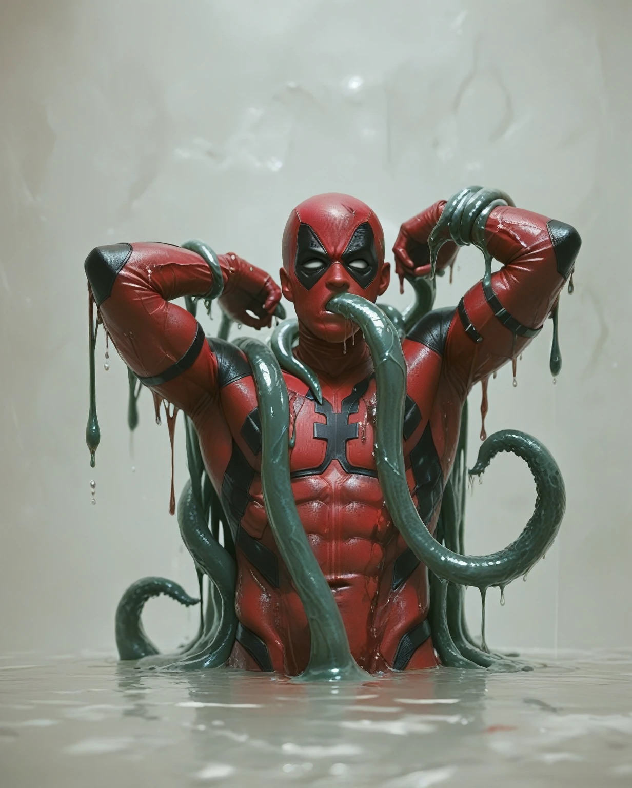 Deadpool, Superhero, Tentacle entanglement,, monster breeding, wet, slime, tentacles, slimy tentacles, monster and human breeding, Deep into the mouth, pectoral