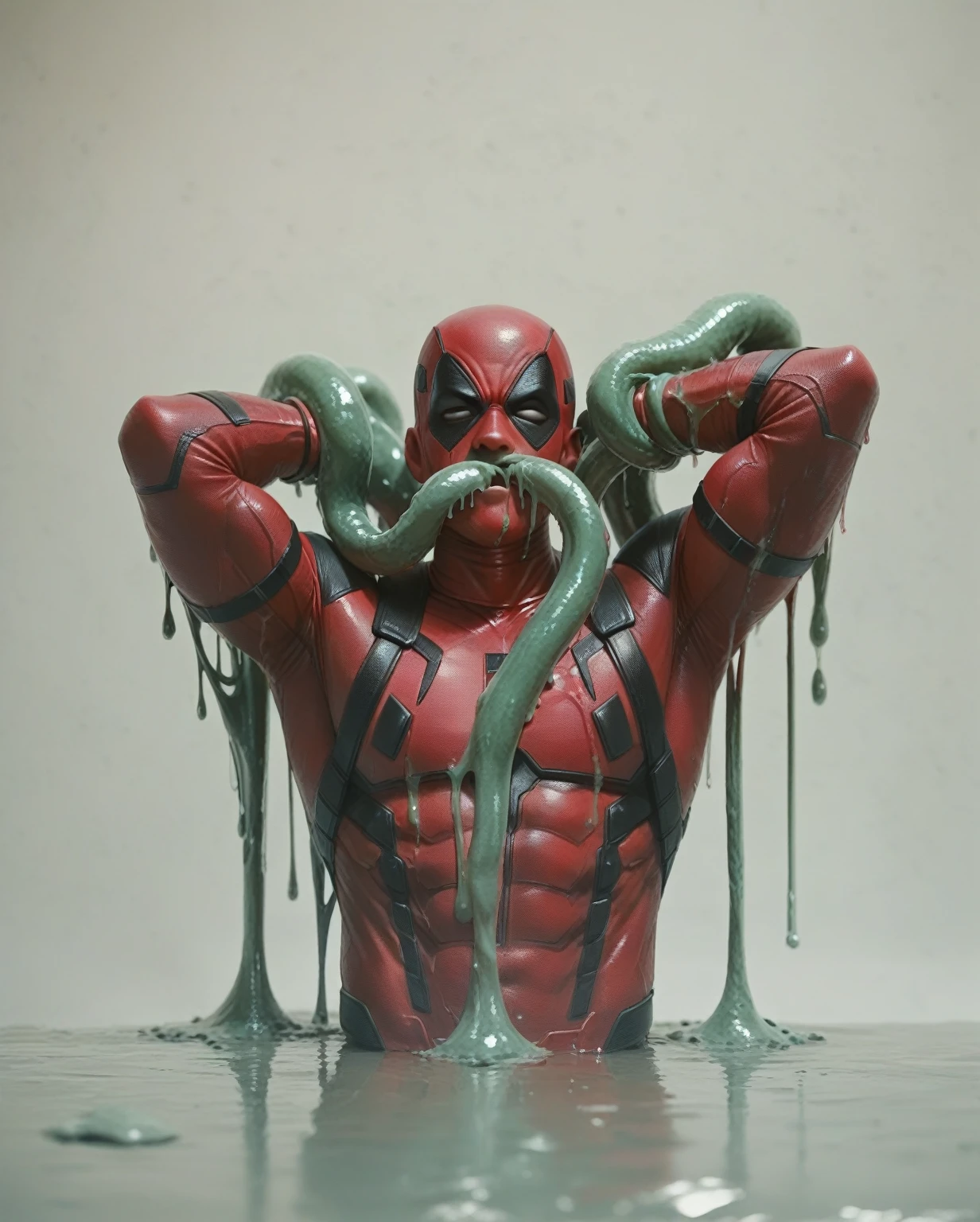 Deadpool, Superhero, Tentacle entanglement,, monster breeding, wet, slime, tentacles, slimy tentacles, monster and human breeding, Deep into the mouth, pectoral